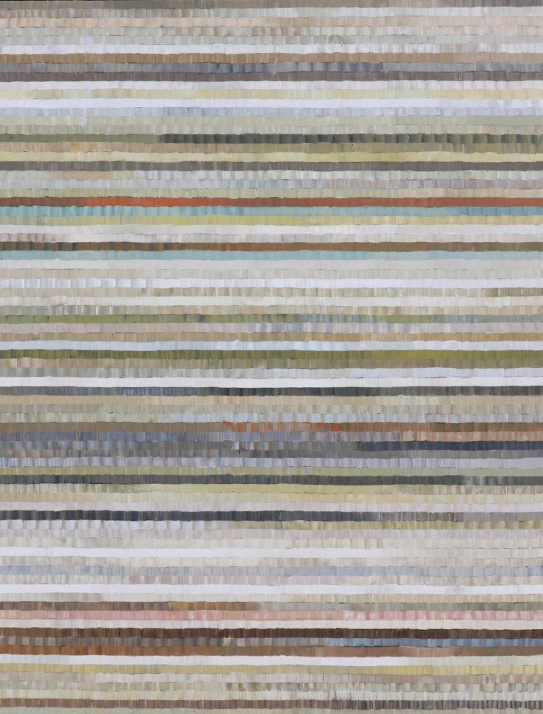 an abstract piece constructed of thin horizontal lines made up of small vertical brush stokes. each strip is a variation of a single color. the main colors of this piece are gold, slate gray, tawny, pale green, white, olive, dove, rust and soft yellow