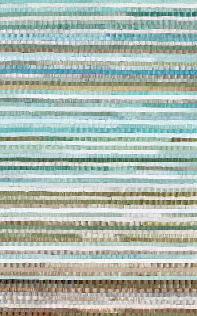 an abstract piece constructed of thin horizontal lines made up of small vertical brush stokes. each strip is a variation of a single color. the main colors of this piece are gold, slate gray, tawny, pale green, aqua, white, mint green, dove, rust and soft yellow