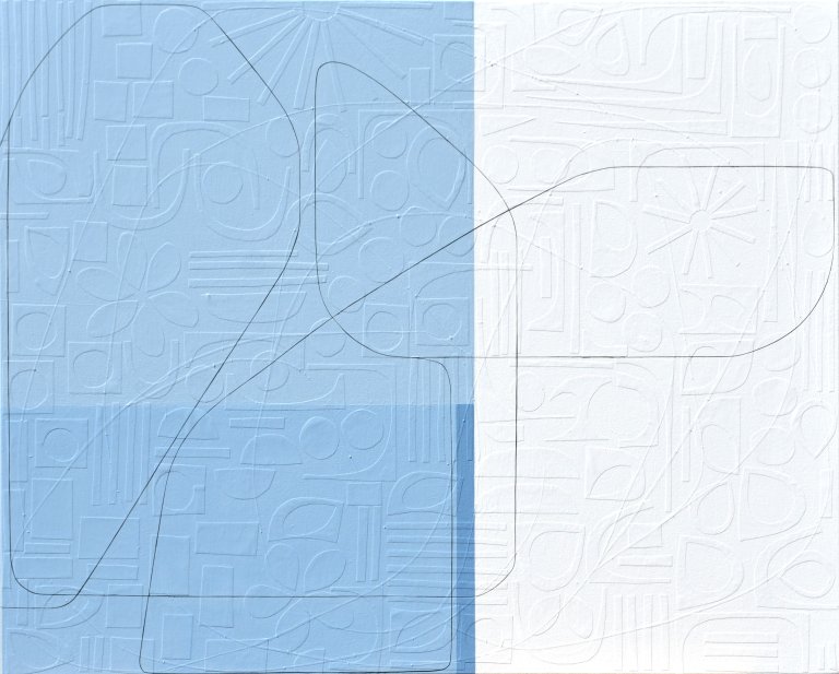 an abstract mixed media piece on canvas. the right 1/2 of the piece is painted white and the left 1/2 of the piece is soft cobalt blue like the sky. there is a thin black line that snakes its way across the piece. On the surface, this canvas appears as though it consists of lines that form abstract shapes, atop geometrically straight rectangles, all applied by the stroke of a paintbrush. However, as you step forward the lines of these shapes disconnect from the canvas and you notice each was placed on by hand: using hand-cut, extremely fine thin strips of paper masterfully layered upon the canvas. Moreover, once this realization sets in, you suddenly become aware of an entirely new layer of texture. Different hand-cut shapes of paper adhere to the canvas before any painting takes place. Creating a degree of texture and depth to delightfully unexpected.