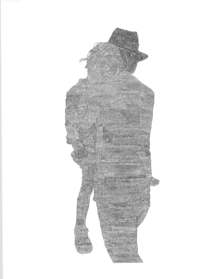 an abstract silhouette of a father carrying a small child. the background is white, and the silhouette is made up of horizontal rows of tiny black ink lines.