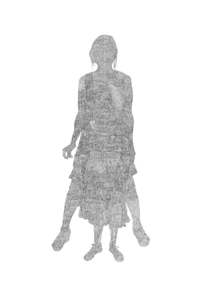 an abstract silhouette from the front view of a mother standing behind a small child. the background is white, and the silhouette is made up of horizontal rows of tiny black ink lines.