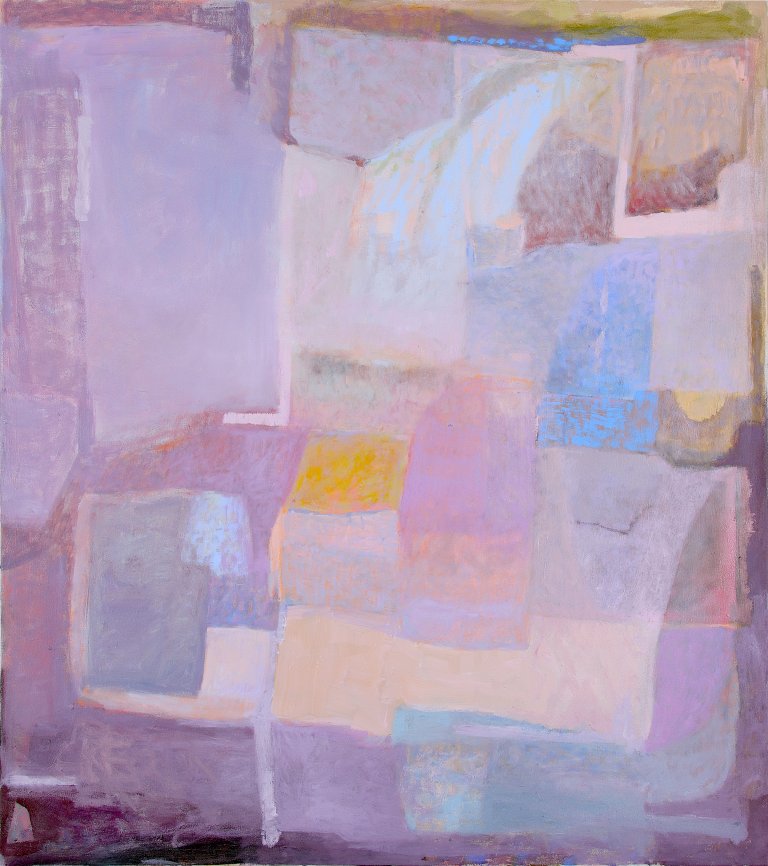 an abstract piece with roughly geometric shapes in shades of lilac, periwinkle, mauve, lavender, and touches of gold and pale pink