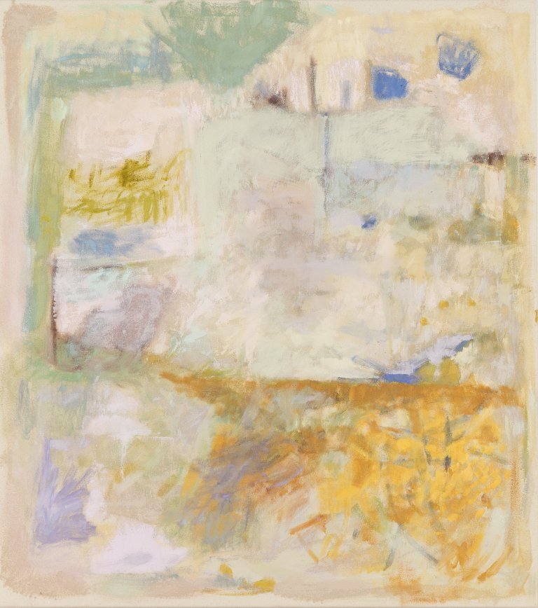 an abstract oil piece with a sandy-colored background with a large goldenrod and yellow-orange splotch. there are small emerald-colored spots throughout the piece as well, accented with soft cobalt as well