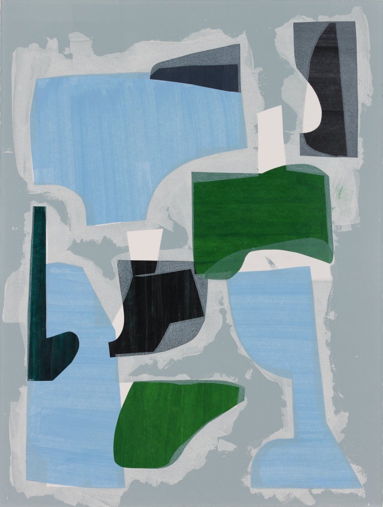 an abstract piece depicting several organic shapes in shades of powder blue, kelly green, indigo, and slightly outlined in dove gray. the background is a slate blue-gray