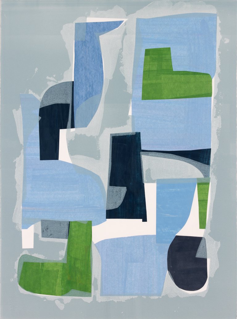 an abstract piece depicting several organic shapes in shades of powder blue, kelly green, indigo, and slightly outlined in dove gray. the background is a slate blue-gray