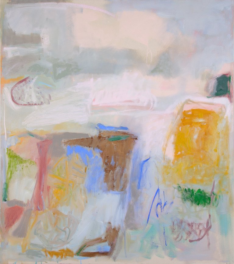an abstract interpretive oil piece on canvas that shows hazy shapes in soft peach and periwinkle against a dove gray background. in the foreground are scratchy shapes in chocolate brown, goldenrod, cobalt, celadon, and lime green.