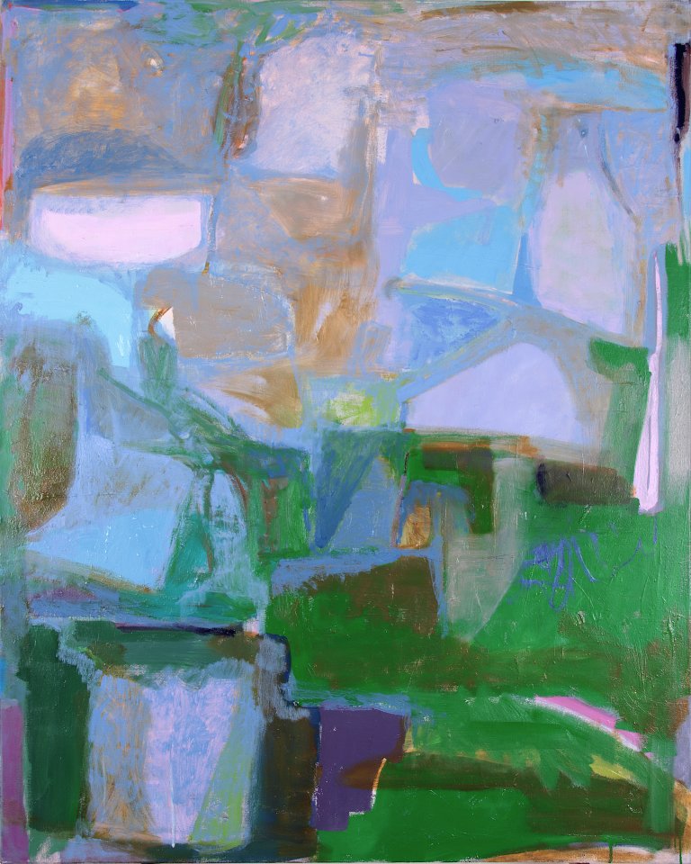 an abstract art piece that has vaguely geometric shapes in shades of lilac, periwinkle, and lavender. there are kelly green shapes behind the purples and blues mixed with pale pinks, magenta, olive, and royal purple