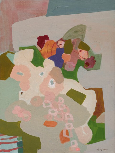 an abstract floral piece in muted shades of peach, lilac, rose, lime, sage, emerald, aqua, and tan. there are vague floral shapes that create the sense of a still-life without any overt imagery