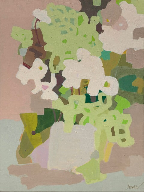 an abstract floral piece in muted shades of cream, lilac, mauve, lime, sage, emerald, aqua, and tan. there are vague floral shapes that create the sense of a still-life without any overt imagery