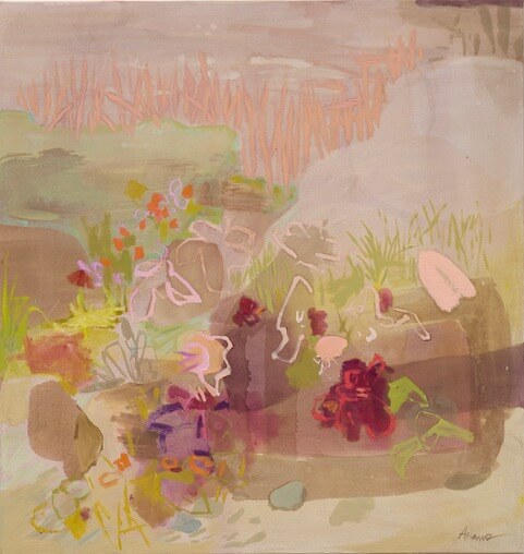 an abstract landscape with some flowers. the main colors of this piece are muted mauves, peach, soft sage, and a light brown. there are vague floral shapes in deep burgundy and outlines in pale peachy pink. there are some scratchy grass-like marks in peach and some in a lime green.