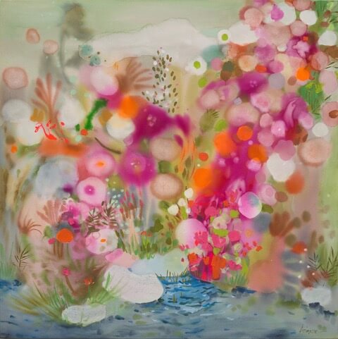 an abstract fantastical botanical scene with cyan and deep pthalo blue water like brushstroke near the bottom of the canvas. there are explosions of pink, orange, and white throughout the piece that give it a whimsical look. there are soft green accents that denote stems and leaves, but nothing is too clearly defined.