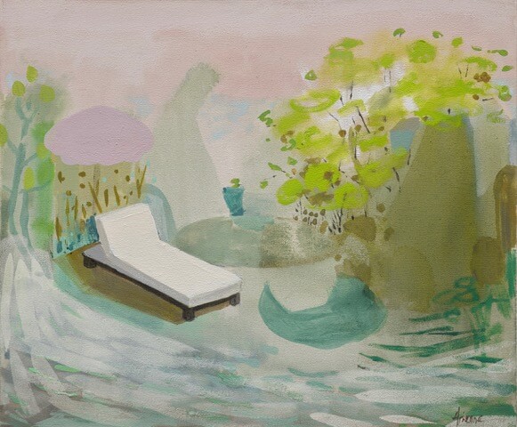 an abstracted waterside scene with a white chaise longe underneath a pale lilac umbrella. there is a swooping area of aqua and white water in front of the chair, and fluffy bright green trees and lime colored foliage sprout up behind it. there is a pale peachy clouded sky above. it is hazy and not defined.