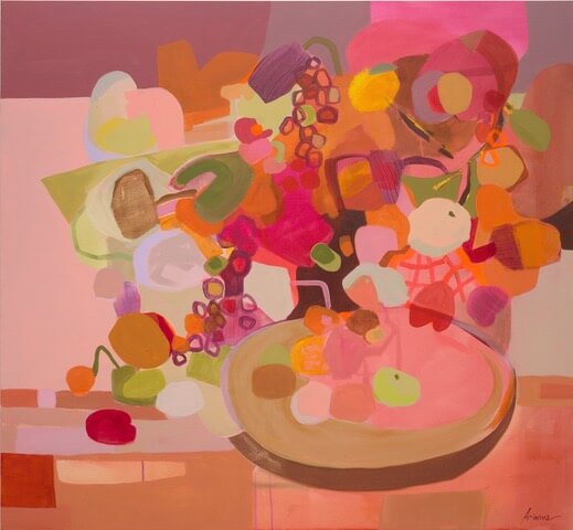 an abstracted still-life painting on canvas in bright pinks and oranges. the flowers are abstracted to round shapes and blobs that just give the appearance of florals.
