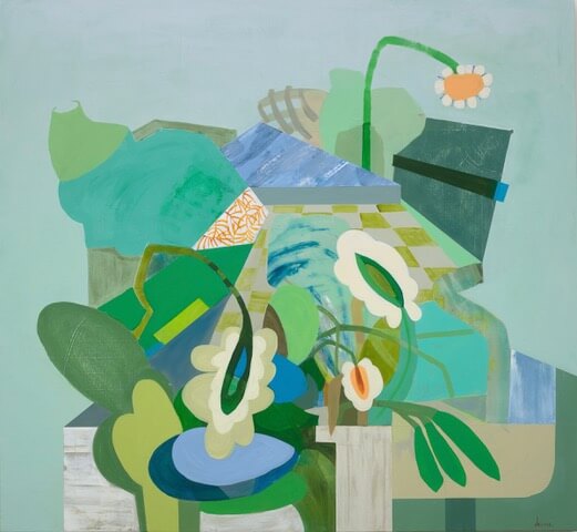 an abstracted still life in shades of emerald, kelly, mint, aqua, teal, sage, taupe, powder blue, lime, off-white, indigo, and pops of peach and tangerine.