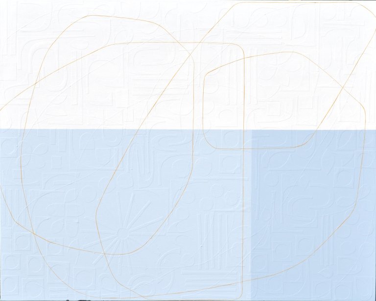 an abstract multimedia collage on canvas in shades of pale mint, mint green, and white. the top half of the piece is white. the bottom half of the piece is a pale cobalt blue. there is a thin strip of tangerine-colored paper that winds its way around the piece, creating a path like an unexpected journey. On the surface, this canvas appears as though it consists of lines that form abstract shapes, atop geometrically straight rectangles, all applied by the stroke of a paintbrush. However, as you step forward the lines of these shapes disconnect from the canvas and you notice each was placed on by hand: using hand-cut, extremely fine thin strips of paper masterfully layered upon the canvas. Moreover, once this realisation sets in, you suddenly become aware of an entirely new layer of texture. Different hand-cut shapes of paper adhere to the canvas before any painting takes place. Creating a degree of texture and depth to delightfully unexpected.