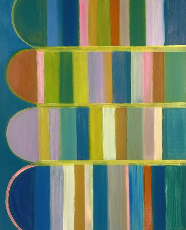 an abstract geometric piece with four horizontal rows of vertical color blocks. the rows are made up of several vertical rectangular color blocks in shades of aqua, peach, bubblegum pink, emerald, chartreuse, soft mint, vermillion, and electric blue. the left end of each row has a semicircle. the top line has a green semicircle, the second has orange, the third has lilac, and the bottom has navy. each row is outlined with a bright yellow line. the background behind the semicircles is a deep teal.