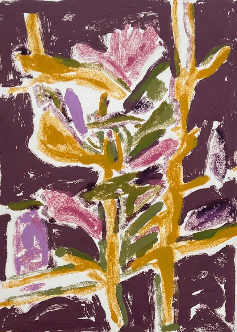 an abstract botanical monotype with an aubergine background. there are a few golden yellow stems with soft pink flowers and orchid colored marks attached to the yellow stems with small olive green leaves. the moody palette denotes a nighttime scene