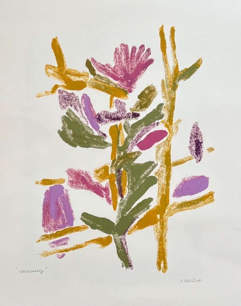an abstract monotype featuring a few golden yellow stems with soft pink flowers and orchid colored marks attached to the yellow stems with small olive green leaves. the light-colored palette denotes a daytime scene