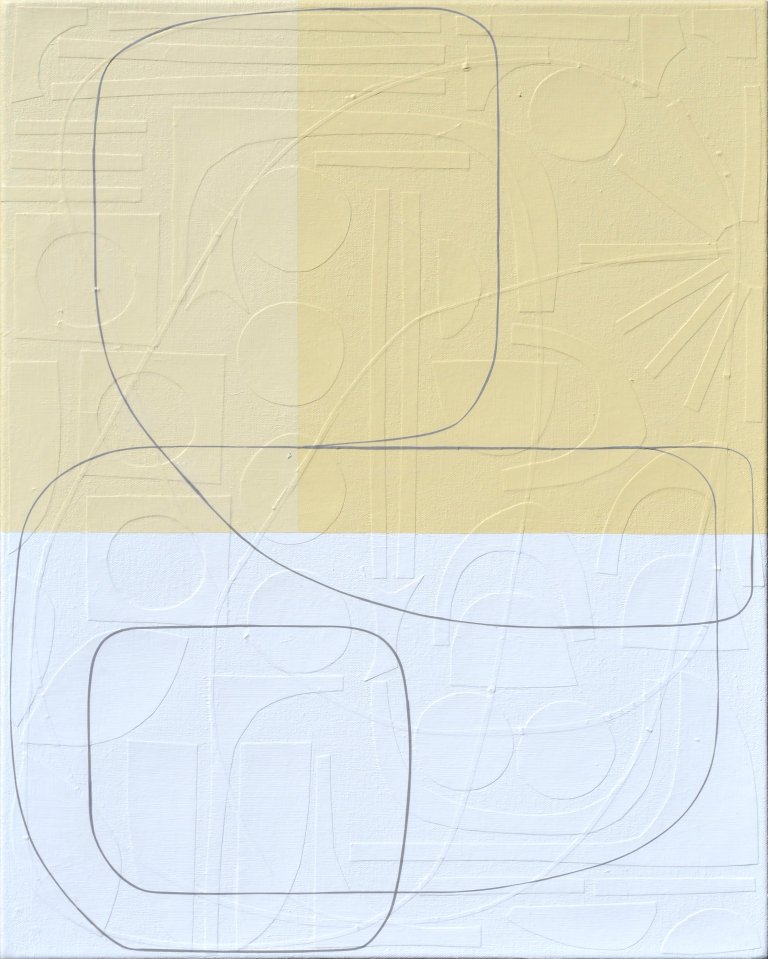 an abstract mixed media piece of art with the top half in a soft lemon custard yellow, and the bottom half in white. there is a thin strip of black paper that winds its way around the piece, creating a path like an unexpected journey. On the surface, this canvas appears as though it consists of lines that form abstract shapes, atop geometrically straight rectangles, all applied by the stroke of a paintbrush. However, as you step forward the lines of these shapes disconnect from the canvas and you notice each was placed on by hand: using hand-cut, extremely fine thin strips of paper masterfully layered upon the canvas. Moreover, once this realisation sets in, you suddenly become aware of an entirely new layer of texture. Different hand-cut shapes of paper adhere to the canvas before any painting takes place. Creating a degree of texture and depth to delightfully unexpected.