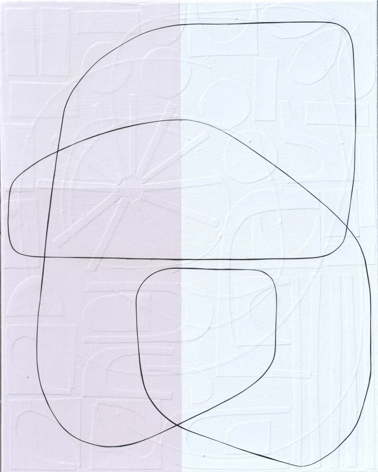 an abstract mixed media piece of art with the left half in a soft orchid purple, and the right half in white. there is a thin strip of black paper that winds its way around the piece, creating a path like an unexpected journey. On the surface, this canvas appears as though it consists of lines that form abstract shapes, atop geometrically straight rectangles, all applied by the stroke of a paintbrush. However, as you step forward the lines of these shapes disconnect from the canvas and you notice each was placed on by hand: using hand-cut, extremely fine thin strips of paper masterfully layered upon the canvas. Moreover, once this realisation sets in, you suddenly become aware of an entirely new layer of texture. Different hand-cut shapes of paper adhere to the canvas before any painting takes place. Creating a degree of texture and depth to delightfully unexpected.