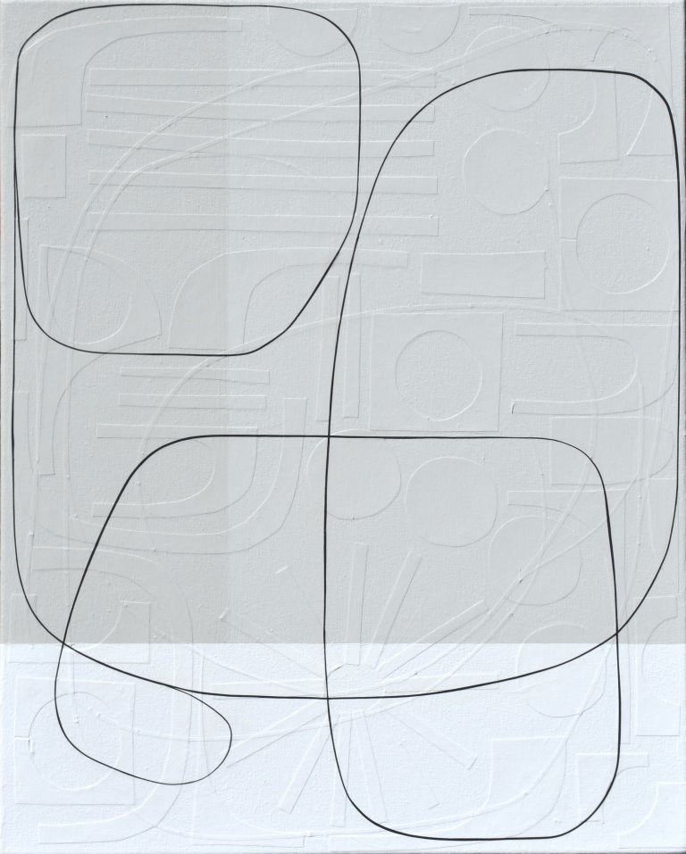 an abstract mixed media piece of art with the top half in a soft muted taupe, and the bottom half in white. there is a thin strip of black paper that winds its way around the piece, creating a path like an unexpected journey. On the surface, this canvas appears as though it consists of lines that form abstract shapes, atop geometrically straight rectangles, all applied by the stroke of a paintbrush. However, as you step forward the lines of these shapes disconnect from the canvas and you notice each was placed on by hand: using hand-cut, extremely fine thin strips of paper masterfully layered upon the canvas. Moreover, once this realisation sets in, you suddenly become aware of an entirely new layer of texture. Different hand-cut shapes of paper adhere to the canvas before any painting takes place. Creating a degree of texture and depth to delightfully unexpected.