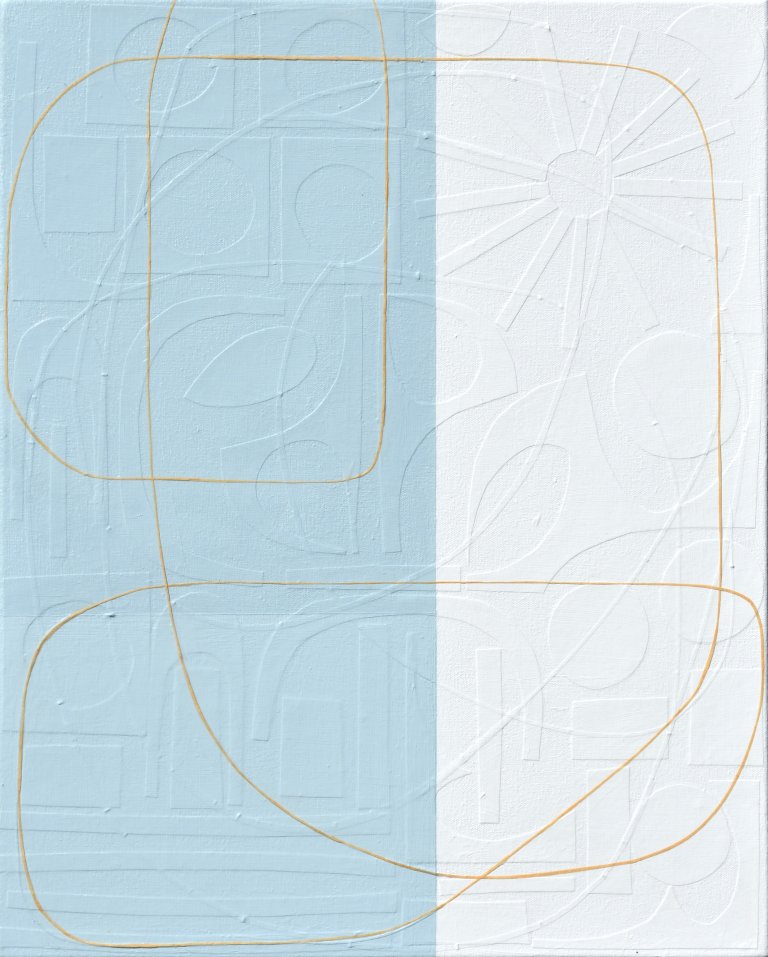 an abstract mixed media piece of art with the left half in a soft muted blue-gray, and the right half in white. there is a thin strip of tangerine-colored paper that winds its way around the piece, creating a path like an unexpected journey. On the surface, this canvas appears as though it consists of lines that form abstract shapes, atop geometrically straight rectangles, all applied by the stroke of a paintbrush. However, as you step forward the lines of these shapes disconnect from the canvas and you notice each was placed on by hand: using hand-cut, extremely fine thin strips of paper masterfully layered upon the canvas. Moreover, once this realisation sets in, you suddenly become aware of an entirely new layer of texture. Different hand-cut shapes of paper adhere to the canvas before any painting takes place. Creating a degree of texture and depth to delightfully unexpected.