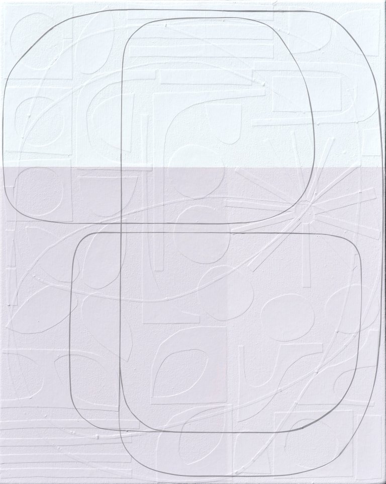 an abstract mixed media piece of art with the bottom half in a soft muted orchid purple, and the top half in white. there is a thin strip of black paper that winds its way around the piece, creating a path like an unexpected journey. On the surface, this canvas appears as though it consists of lines that form abstract shapes, atop geometrically straight rectangles, all applied by the stroke of a paintbrush. However, as you step forward the lines of these shapes disconnect from the canvas and you notice each was placed on by hand: using hand-cut, extremely fine thin strips of paper masterfully layered upon the canvas. Moreover, once this realisation sets in, you suddenly become aware of an entirely new layer of texture. Different hand-cut shapes of paper adhere to the canvas before any painting takes place. Creating a degree of texture and depth to delightfully unexpected.