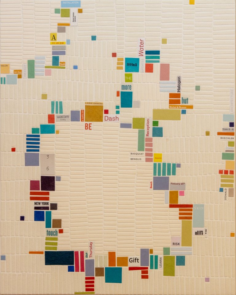 an abstract collage piece of paper in small rectangles on a pale background. the rectangles are arranged in a way that resembles city blocks. the majority of the rectangles are in off-white paper, but there is a rough ovular shape in the center that is outlined with colorful pieces of paper in lime, orange, red, black, lilac, aqua, peach, and yellow. some rectangles have words printed on them, including the words "water," "dash," "new york," "february 25th," and several more