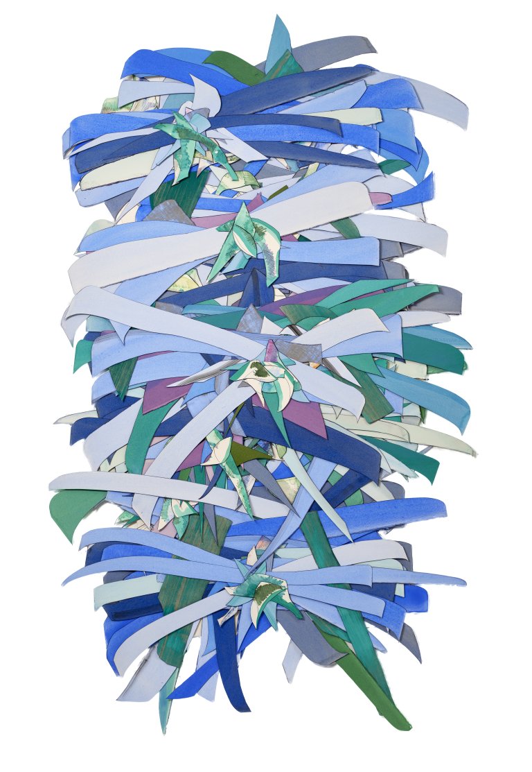 In a roughly brick shape, Beaudry employs her signature stacking collage style on a larger canvas. Fabric and paper cut from shades of royal blue, lilac, English hyacinth, plum, maritime blue, morning dusk, Brazilian blue, lavender, soft mint, moss, and indigo are piled on top of one another, giving this minimal piece a lavish multi-dimension element. The strips appear like pencil shavings discarded and left to get lost in the stack. Black-rimmed, sharp-edged, and patterned pieces make this piece altogether more alluring.