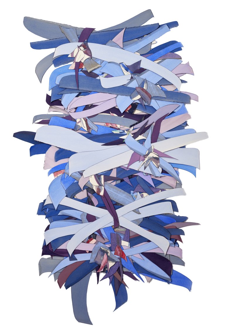 In a roughly brick shape, Beaudry employs her signature stacking collage style on a larger canvas. Fabric and paper cut from shades of royal blue, lavender, English hyacinth, lilac, maritime blue, morning dusk, Brazilian blue, lavender, periwinkle, plum, and indigo are piled on top of one another, giving this minimal piece a lavish multi-dimension element. The strips appear like pencil shavings discarded and left to get lost in the stack. Black-rimmed, sharp-edged, and patterned pieces make this piece altogether more alluring.