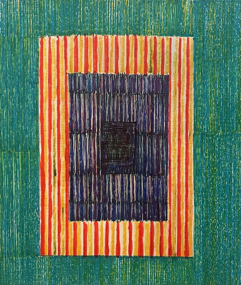 an abstract ink drawing on paper depicting a green background made of repeated vertical lines in lime green and emerald ink. in the center of this green, there is a vertically striped red and gold vertical rectangle that resembles a picnic blanket. in the center of this rectangle is another smaller rectangle made of vertical lines in plum and indigo ink. in the center of this rectangle is another smaller rectangle in black vertical and horizontal lines in a tight weave.