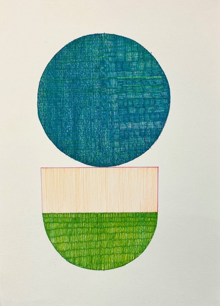 an abstract ink on paper drawing. there is a circle in turquoise and lime green ink. below that is a horizontal rectangle in pale peach with a subtle pink border that is very tin. underneath this is a lime green semicircle made of horizontal rows of small vertical hatch marks