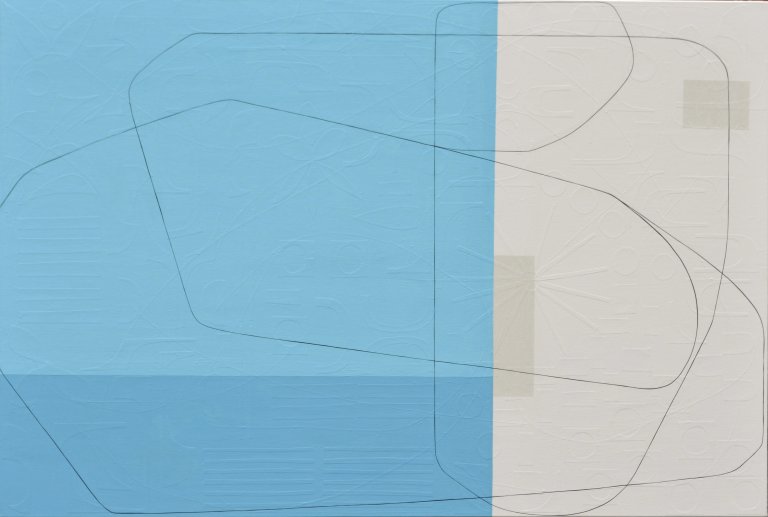 an abstract mixed media piece on canvas. the left two thirds of the piece are bright blue, and the right third is a cream color. there is a thin line in dark gray that snakes its way across the piece. On the surface, this canvas appears as though it consists of lines that form abstract shapes, atop geometrically straight rectangles, all applied by the stroke of a paintbrush. However, as you step forward the lines of these shapes disconnect from the canvas and you notice each was placed on by hand: using hand-cut, extremely fine thin strips of paper masterfully layered upon the canvas. Moreover, once this realisation sets in, you suddenly become aware of an entirely new layer of texture. Different hand-cut shapes of paper adhere to the canvas before any painting takes place. Creating a degree of texture and depth to delightfully unexpected.