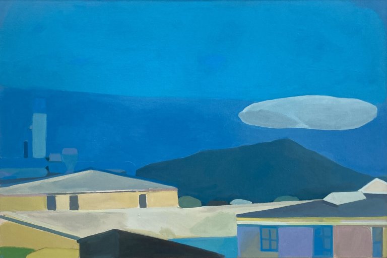 a soothing cityscape with mountains and a small cloud in the background. there is little detail to the buildings, but they are full of emotion due to the moody colors of the piece. the houses are in a muted yellow, soft purple, washed out mauve, and accented with grays and blues. the rooftops are gray. the mountain behind the rooftops is a dark indigo, with small green trees just visible over the rooftops. the sky in the background is electric blue and a darker blue.