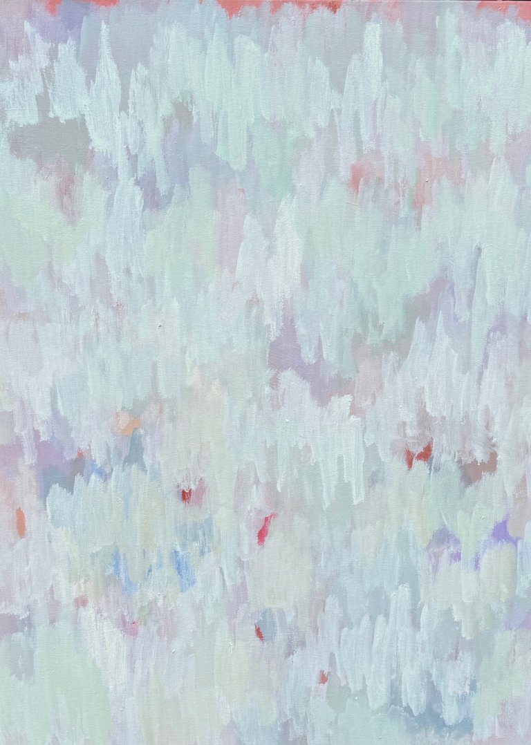 an abstract piece in pale mint, periwinkle, lavender, soft muted peach, and lilac with small accents of purple, blue, red, coral, and magenta. the brushstrokes are vertical and create a soft, wave-like pattern