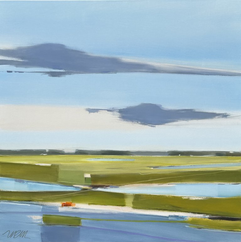 an abstract representation of a landscape in hues of blue and soft greens. the marshy land is green and there are slivers of blue water and white sand punctuating it. there is a strip of gray at the horizon. the sky is soft blue with slate gray clouds.