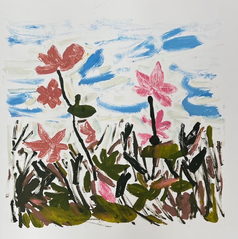 an abstract monotype depicting a few stems of flowers in a green and brown field against a blue sky with wisps of cream-colored clouds. the flowers in the foreground are peachy pink/mauve, and the stems and leaves are dark brown, olive, and rust.