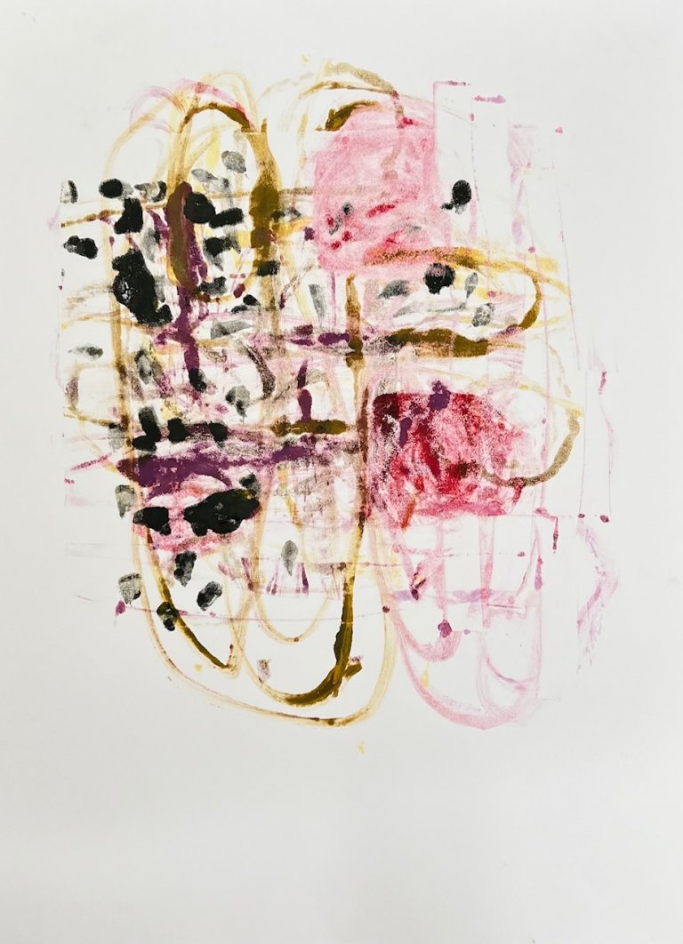 an abstract floral shape made of loops and swirls of color. the loops are in shades of yellow ochre, bubblegum pink, magenta, and indigo. there is a dash of cherry red in the center.