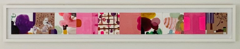 an abstract piece modeling connection between individuals. there 10 squares in a horizontal row, each with colorful detailing in odd shapes that are slightly floral. the colors used are violet, taupe, peach, mauve, gold, soft sage, coral, hot pink, plum, burgundy, emerald, aqua, and sap green. some patterns go between each square. the designs are ovals and looping shapes and lines and dots.