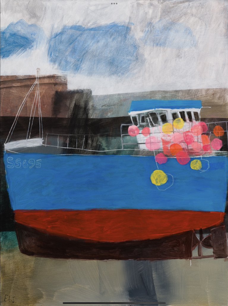 a simplified painting of a boat in hazy water. the boat is electric blue with a red stripe. the boat sits in a harbor with brown and gray buildings under a blue sky with wispy white clouds. the boat has a handful of pink, magenta, yellow, and orange balloons on the first deck. there is a small white cabin with a blue roof and black windows