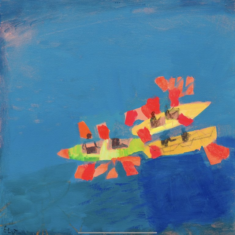 an abstract representation of three kayaks with bright orange and red oars against a deep blue body of water. each kayak holds two passengers. the kayaks are lemon yellow, golden yellow, and key lime.