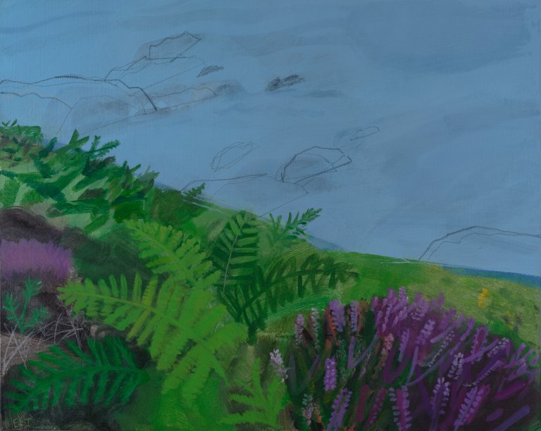 a simplified landscape showing a body of water in soft hazy blue against a green luscious bank with ferns and purple heather