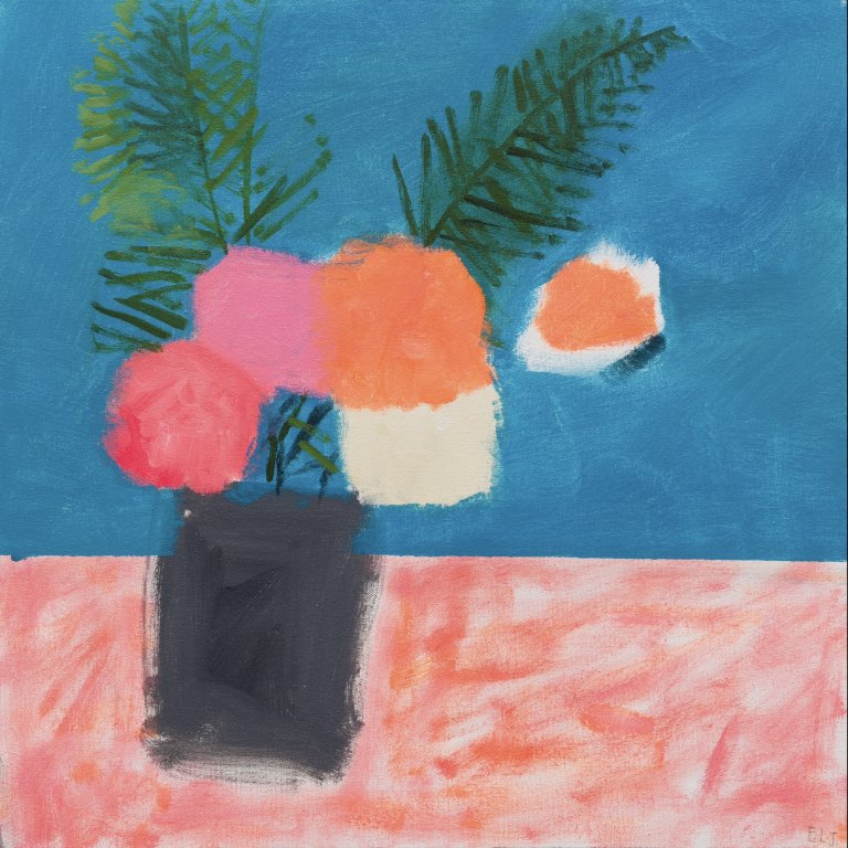 a simplified still life of a gray vase holding a few branches of green fern-like plants and five blob-like flowers in shades of orange, white, pink, and soft reddish pink. the vase sits on a pink, orange, and white tablecloth against an electric blue background.