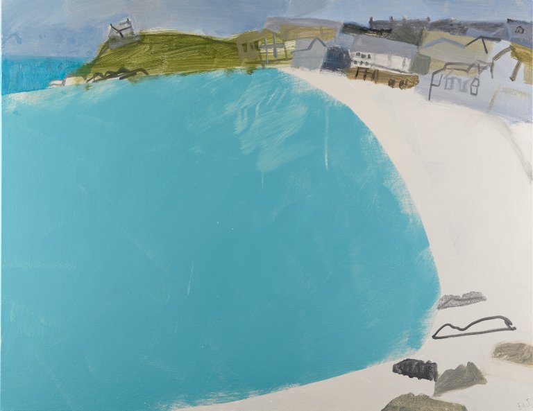 a simplified landscape showing an aqua blue bay washing up on pale sand. in the distance, an arm of land circles around the water, covered in greenery and a small house on the furthest peak. there are more houses painted roughly in tan and gray on the land. the sky is a gray hazy color.