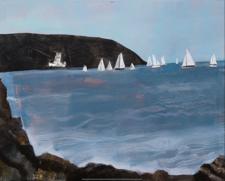 a simplified landscape showing a dark blue ocean tinged with white and soft muted coral to signify waves against dark brown rocks. there are a handful of sailboats with white sails coasting on the water, signifying a strong wind.