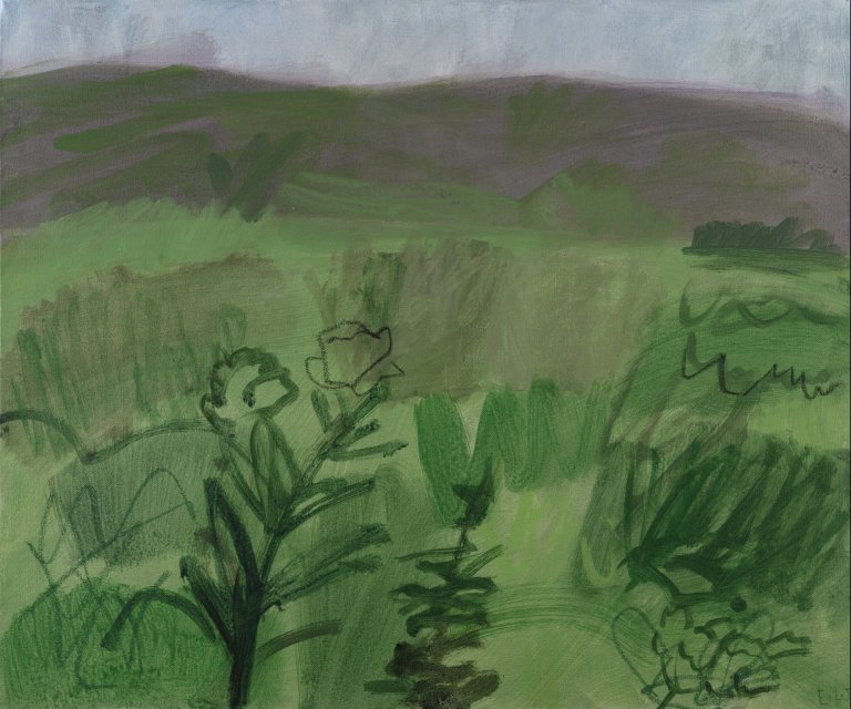 a simplified landscape in shades of green and lavender with roughly botanical shapes. the sky above the hills in the background is a cloudy gray blue.