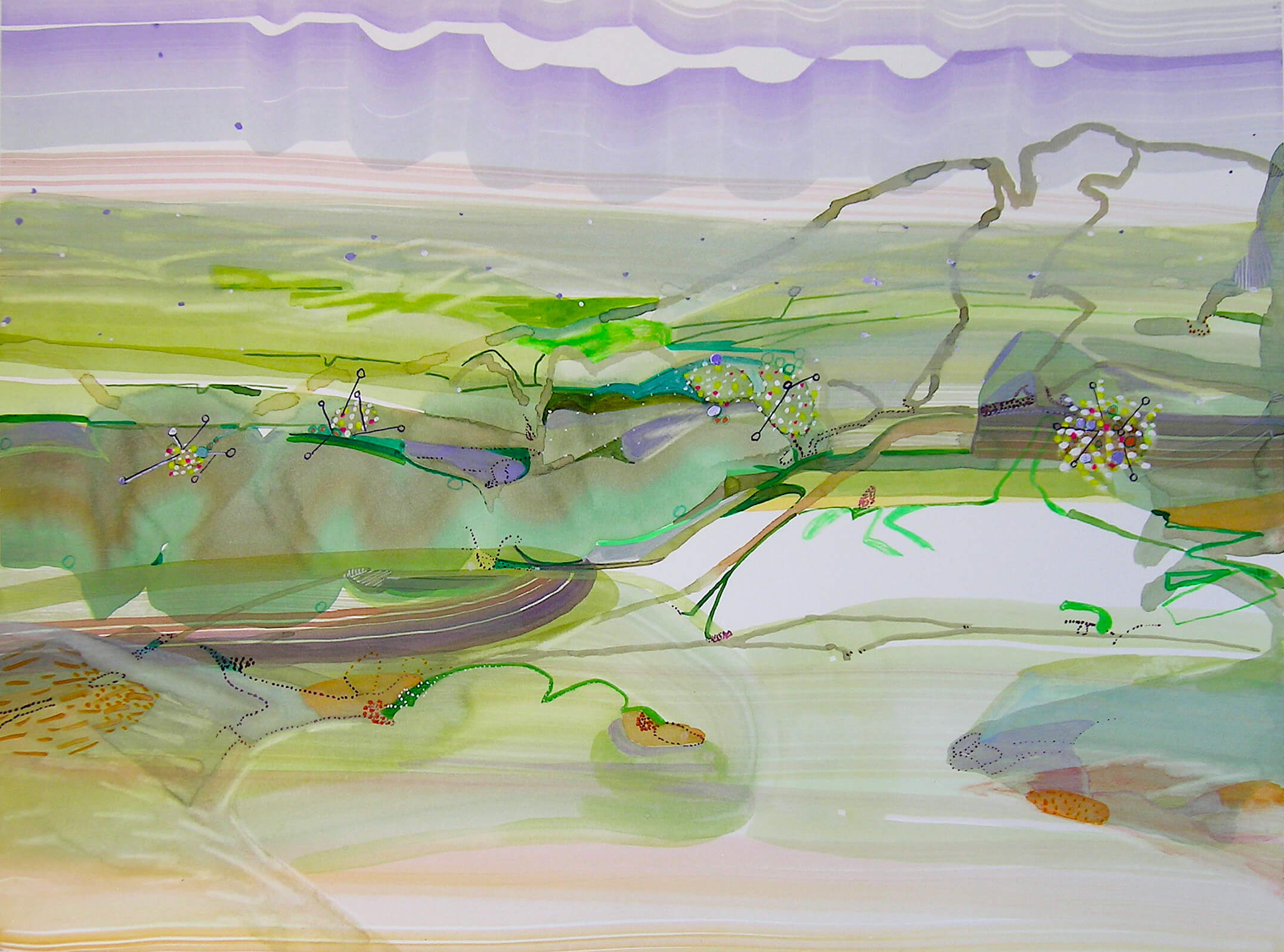 an abstract piece on paper depicting a landscape in shades of sage green, lime, lilac, periwinkle, eggplant, sea glass, and violet, the brushstrokes are linear and horizontal, creating a flow of movement across the piece.