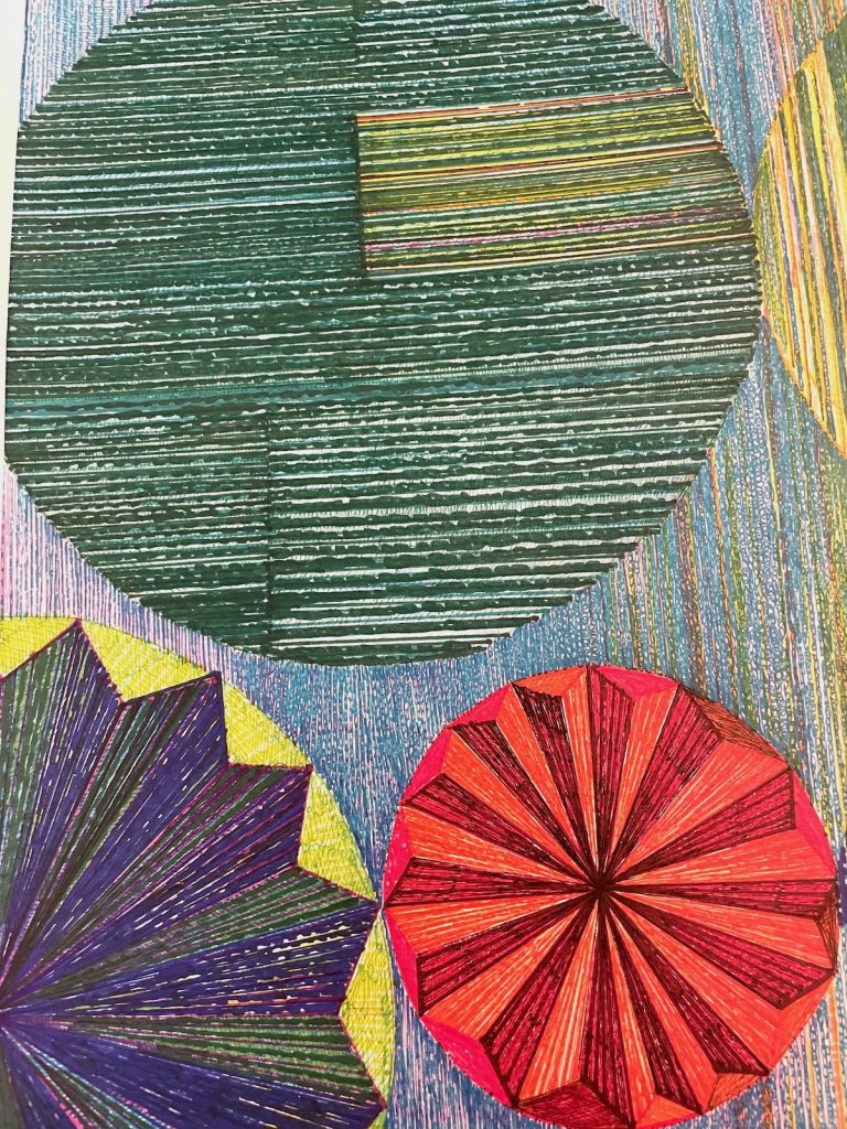 an abstract ink drawing on paper. there are three major shapes against a vertically striped background in a wide spectrum of color from electric blue to plum to yellow to orange to red to green. the three major shapes are a large emerald green circle with horizontal lines close together, a coral colored circle with an accordion folded star shape in bright coral and mulberry, and a quarter of a lemon yellow circle with a plum and violet colored accordion shape on top.