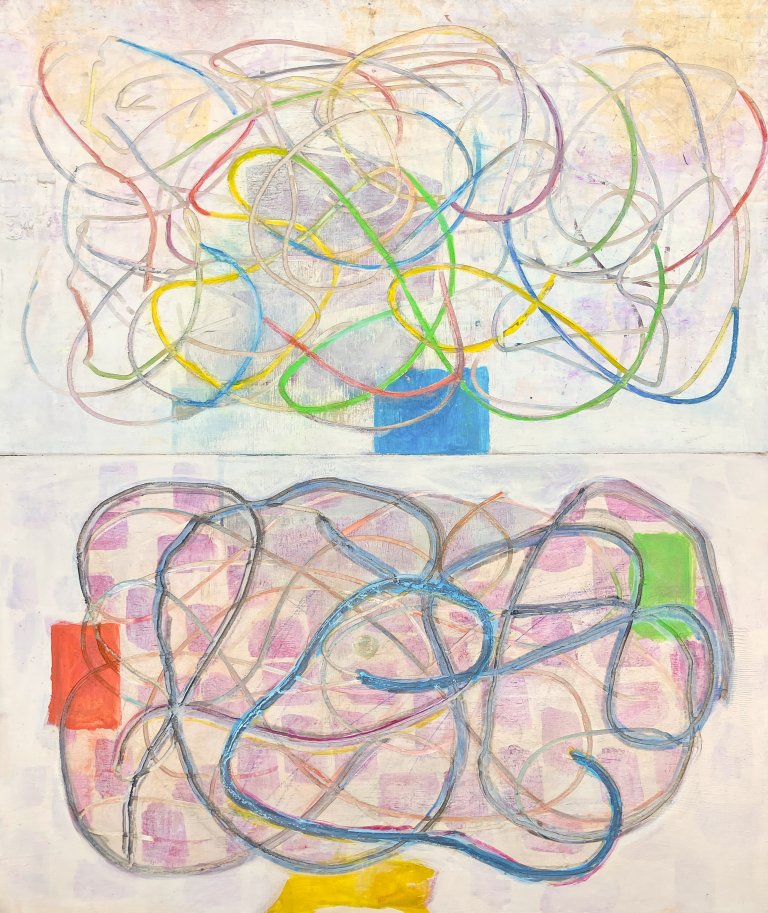 an abstract art piece with two distinct rectangular sections. the top section has thin wavy lines in lime green, lemon yellow, bright blue, blush, and tan. there is an electric blue rectangle behind the noodle-like lines. the bottom section has blue and gray thicker lines weaving around, with soft pink rectangles behind the lines and pale peach background. there is a vermilion and a lime rectangle behind the loops. the top section has a blotchy pale yellow and pale pink background.