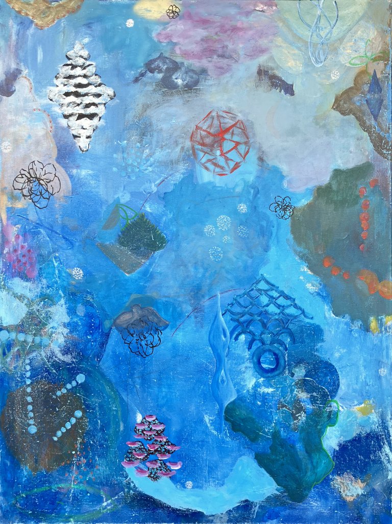 an abstract art piece with a blue background that looks like water of different depths. there are deep indigos, electric blue, royal blue, periwinkle, dusty blue, and many more.